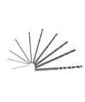 Twist drill bits set arranged in fan shape, part of Compact Mini Drill Press And Bench Lathe Tool Set With Keyless Chuck Electric Motor For Wood Aluminum And Acrylic DIY Projects Easy Assembly Fast Bit Change 5 To 12V Power Source.