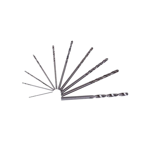 Twist drill bits set arranged in fan shape, part of Compact Mini Drill Press And Bench Lathe Tool Set With Keyless Chuck Electric Motor For Wood Aluminum And Acrylic DIY Projects Easy Assembly Fast Bit Change 5 To 12V Power Source.