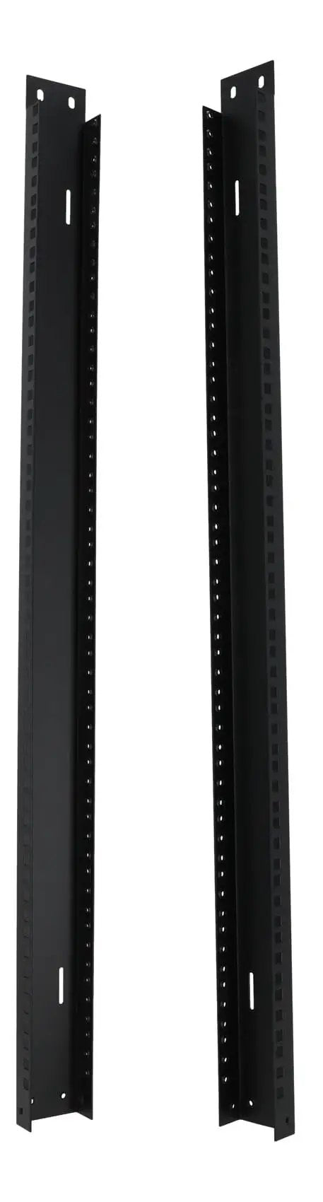 Badass 18U Reversible Rack Rails With M5 Circle And Square Holes For 19 Inch Servers And Pro Audio Rig Support Smooth Plug Play Setup Fo Sho Rock Solid Gear Hold, shown as two black steel rack rails.