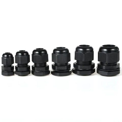 34 Pack IP68 Waterproof Cable Gland Kit with 3 to 16 mm adjustable connectors and gaskets displayed in PG7 to PG19 sizes.