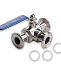 Flow Solutions 1.5-inch tri-clamp sanitary ball valve, 3-way, PTFE-lined SS304 with ferrule and silicone gaskets.