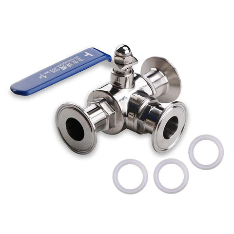Flow Solutions 1.5-inch tri-clamp sanitary ball valve, 3-way, PTFE-lined SS304 with ferrule and silicone gaskets.