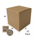 Heavy Duty Corrugated Large Mail Boxes 24x24x24 Inch Pack of 10 shown with measurements and material details.