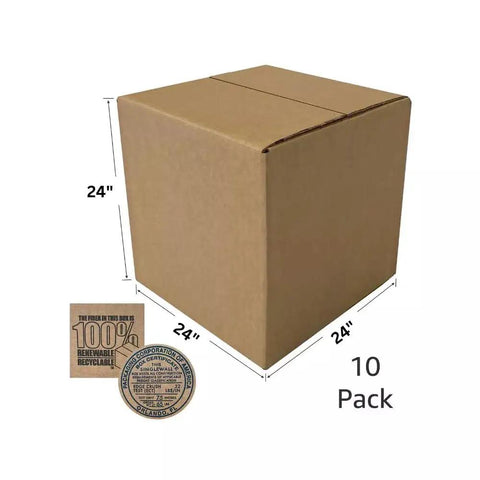 Heavy Duty Corrugated Large Mail Boxes 24x24x24 Inch Pack of 10 shown with measurements and material details.