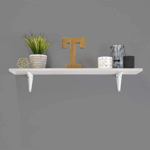 White Powder Coated Shelf Brackets Set 10 Inch By 12 Inch Four Pack Heavy Duty Wall Mount Brackets With 150 Lbs Weight Capacity supporting a shelf.