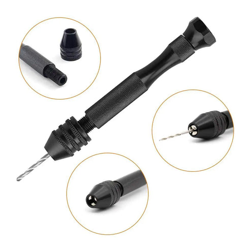 Pin Vise Hand Drill Kit With Mini Twist Bits 0.8 to 3.0 Millimeters, 11 Piece Precision Drill Set For Metal And Wood, DIY Jewelry Making, Model Building, And Fine Handwork, Handy Pro Grade Portable Clamp black aluminum hand drill with chuck close-up