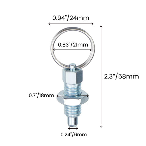 Close-up of Beefy Heavy-Duty Stainless Steel Spring Plunger with pull ring, showing measurements, M10-1.5-6 size.