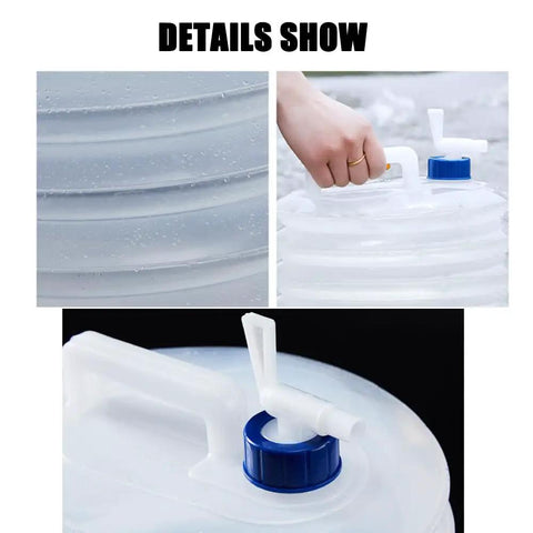 Collapsible Water Jug With Spigot For Camping And Hiking, close-up of handle, spigot, and jug material, space saving 10L design