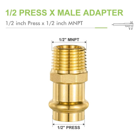 Brass 1/2 in ProPress x 1/2 in MNPT male adapter fitting, close-up view