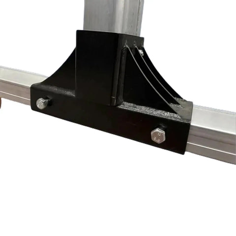 Close-up of Built Damn Tough Portable Gantry Crane with adjustable height steel frame and sturdy black base support.