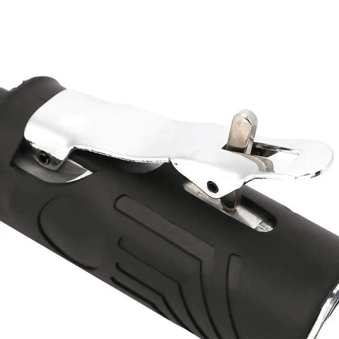 Heavy Duty Pneumatic Die Grinder With 90 Degree Right Angle Air Inlet for tough metal polishing, showing chrome and rubber grip.