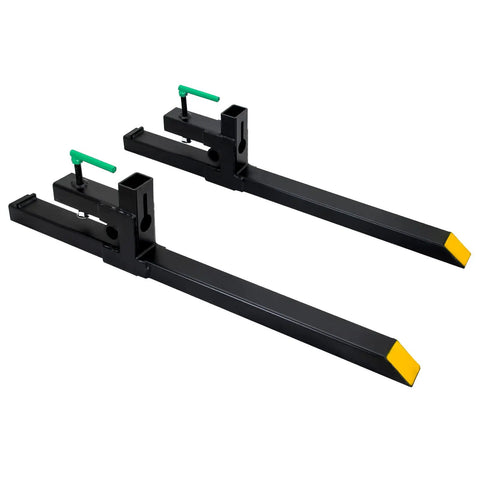 43 Inch Pallet Forks Clamp On for Tractor Bucket 1500 Lb Capacity Heavy Beefy Front Loader Attachment, black metal with green clamps