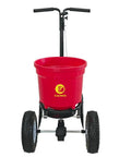 Red 50 Pound Lawn And Fertilizer Spreader with Rustproof Poly Hopper, Epoxy Coated Frame, All Terrain Pneumatic Tires, Front View