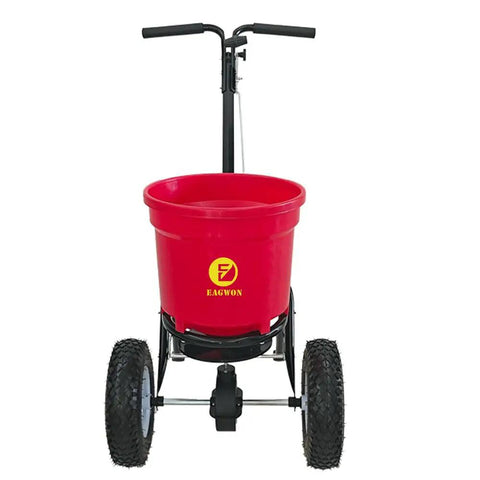 Red 50 Pound Lawn And Fertilizer Spreader with Rustproof Poly Hopper, Epoxy Coated Frame, All Terrain Pneumatic Tires, Front View