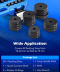52-in-1 Custom Bushing Driver Tool Set with numbered bushing discs on blue background, supports 18-65 mm and 74 mm sizes