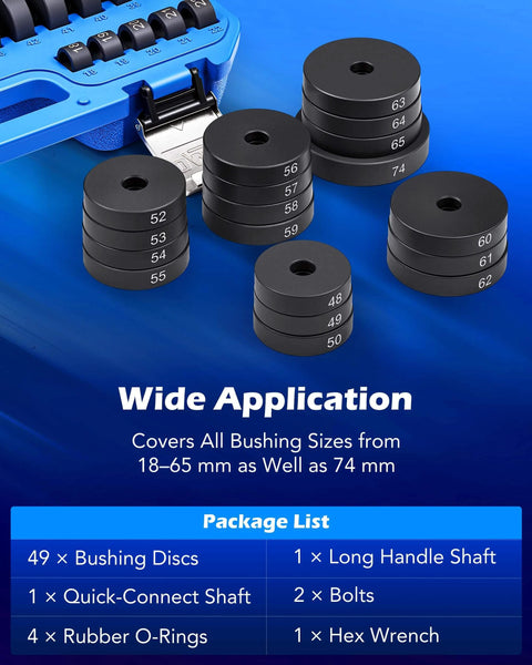 52-in-1 Custom Bushing Driver Tool Set with numbered bushing discs on blue background, supports 18-65 mm and 74 mm sizes