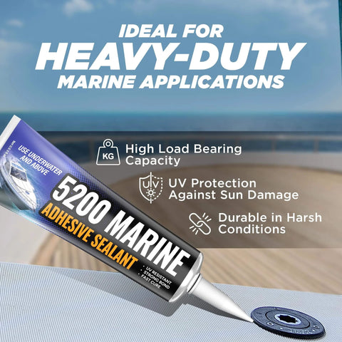 5200 Fast Cure Black Marine Sealant 3 Oz tube on deck with application illustrations