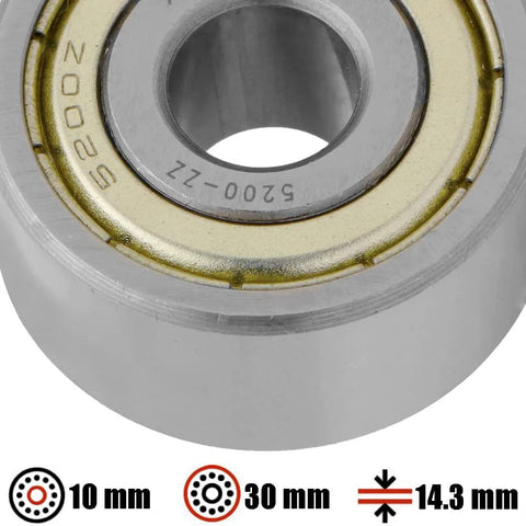 Close-up of 5200ZZ double row angular contact ball bearing with ZZ shields, 10x30mm size details, ideal for automotive and agricultural use.