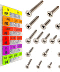 528 Pcs Self Tapping Screws Assortment Kit with SAE #4 #6 #8 #10 #12 Flat Head Phillips Drive Screws Made from 304 Stainless Steel. Display of screws.