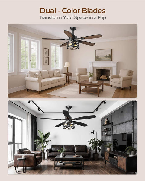 52 Inch Vintage Cage Ceiling Fan With Light And Remote, 5 Blades, Flush Mount Whisper Quiet Farmhouse Ceiling Fan For Living Room