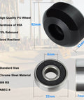 Premium 52mm 95A Hard Skateboard Wheel Set With Preinstalled Bearings And Spacers showing wheel dimensions and features chart