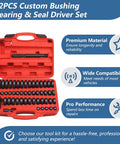 52 in 1 Custom Bushing Driver Set Custom Bushing Bearing & Seal Driver Set in red case with various driver sizes displayed.