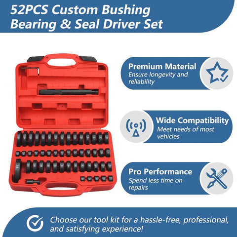 52 in 1 Custom Bushing Driver Set Custom Bushing Bearing & Seal Driver Set in red case with various driver sizes displayed.