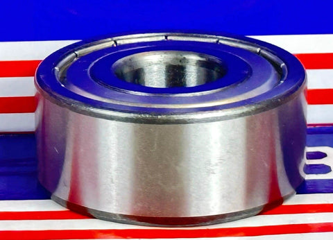 Side view of 5304ZZ Angular Contact Bearing 20x52x22.2mm in chrome steel, double-row design with metal shields, against a striped background.