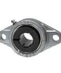 Front view of 30mm Single Accu-Loc 2-Bolt Flange Unit, Nickel Plated Cast Iron Housing, Sealed Ball Insert, Concentric Collar Locking, Relubrication Port, Standard Duty Mount.