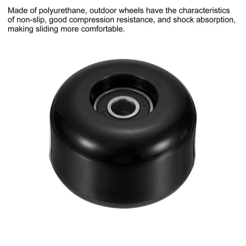 Close-up of a black 54mm skateboard wheel with ABEC 9 bearing, 85A hardness, made of durable polyurethane for street and park skating.