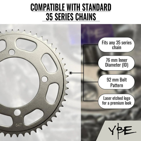 54T Rear Wheel Sprocket For 35 Chain Compatible Fits Mini Bikes Pit Bikes And Electric Bikes, Black Hardened Steel, Laser Etched Logo.