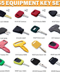 Image showcasing a 55 Piece Heavy Equipment Keys Master Set For Construction Machinery Ignition Keys That Work With Cat Caterpillar John Deere Komatsu Volvo JCB Case New Holland Hitachi Kubota Takeuchi Hyster Yanmar And More For Loaders Tractors, featuring various keys for construction machinery.