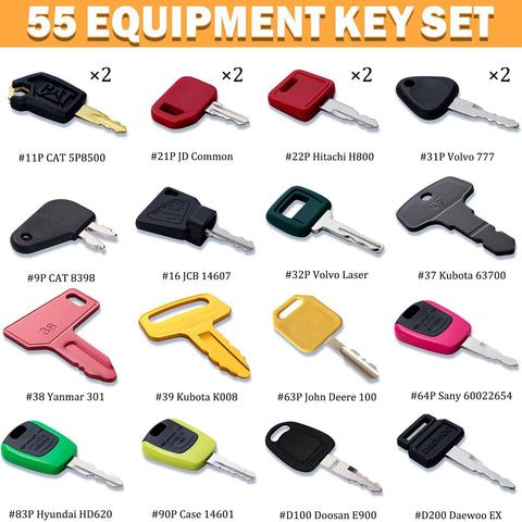 Image showcasing a 55 Piece Heavy Equipment Keys Master Set For Construction Machinery Ignition Keys That Work With Cat Caterpillar John Deere Komatsu Volvo JCB Case New Holland Hitachi Kubota Takeuchi Hyster Yanmar And More For Loaders Tractors, featuring various keys for construction machinery.