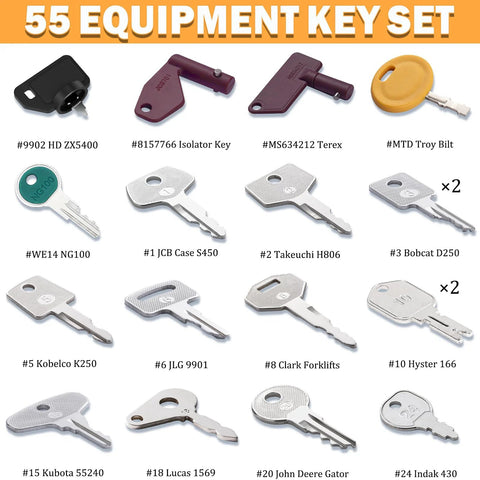 55 Piece Heavy Equipment Keys Master Set For Construction Machinery Ignition Keys Displayed in Rows