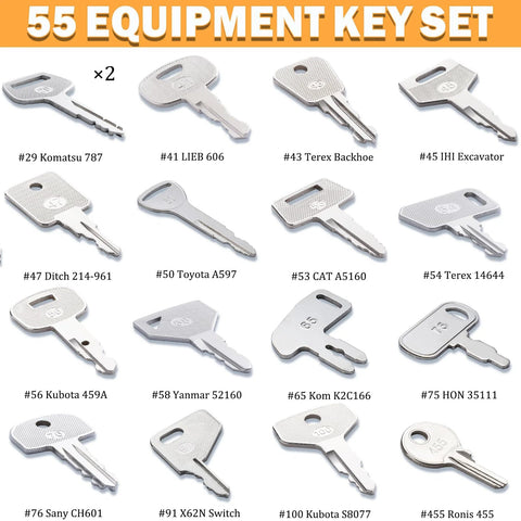 55 Piece Heavy Equipment Keys Master Set For Construction Machinery Ignition Keys That Work With Cat Caterpillar John Deere Komatsu Volvo JCB Case New Holland Hitachi Kubota Takeuchi Hyster Yanmar And More For Loaders Tractors