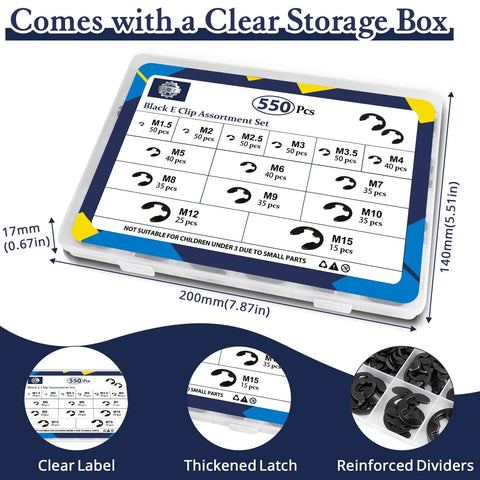 Clear storage box containing 550 Piece E Clip And Snap Ring Assortment Kit in Black Carbon Steel with 14 Sizes M1.5 to M15.