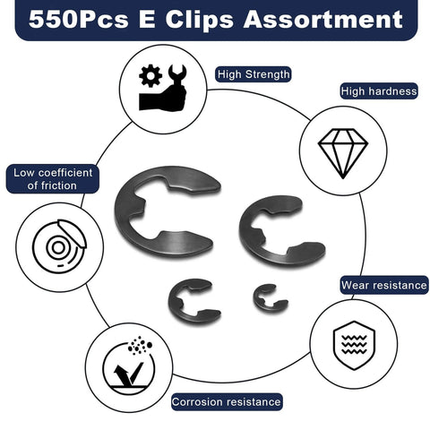 Diagram showing 550 Piece E Clip And Snap Ring Assortment Kit in black carbon steel, highlighting features like strength and wear resistance.