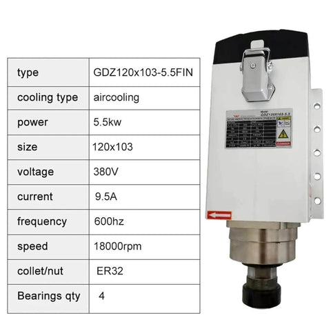 Front view of Beefy 5.5KW 380V Air Cooled Spindle Motor With ER32 Chuck Four Bearing Square Mounting Flanges for CNC Router