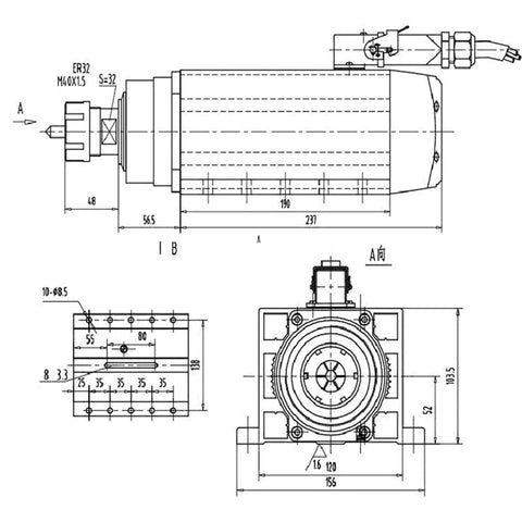 Technical drawing of Beefy 5.5KW 380V Air Cooled Spindle Motor With ER32 Chuck Four Bearing Square Mounting Flanges For CNC Router