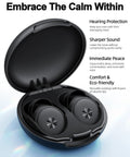 55dB Noise Cancelling Ear Plugs For Sleep And Focus in open durable case, reusable silicone with seven tips, ideal for concerts and snoring.