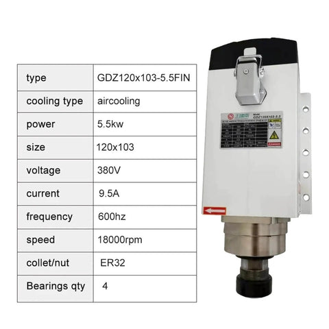 High Power 5.5KW 380V Air Cooled Spindle Motor With ER32 Chuck Four Bearing Square Spindle Flanges for CNC