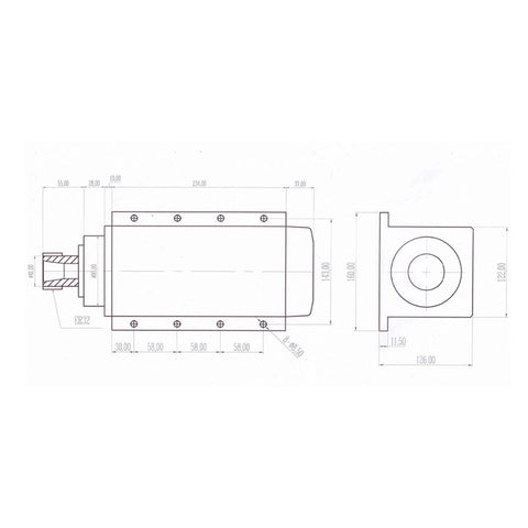 Technical diagram of Beefy 5.5kW Air Cooled Spindle Motor with ER25 collet, ceramic ball bearings, square flange mount for CNC milling.