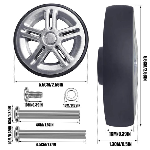 Luggage Suitcase Replacement Wheels Wear Resistant Silent Swivel Casters Repair Kit Silver 55mm side view with dimensions and accessories