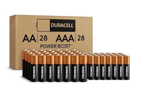 56 Count AA And AAA Alkaline Batteries In A Reclosable Pack displayed with Duracell box