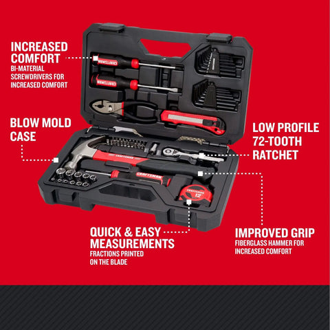 57 Piece Mechanics Tool Set Home Tool Set with case; includes sockets, ratchet, screwdrivers, hammer, pliers, hex keys, specialty bits