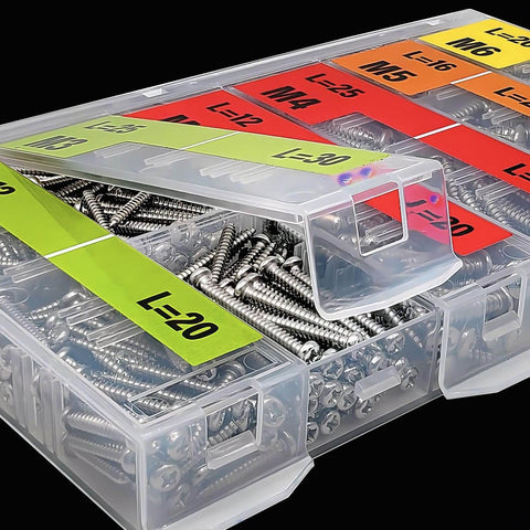 574 Pcs Metric Self Tapping Screws Assortment Kit with M3 M4 M5 M6 Round Head Phillips Drive Screws in organized case.