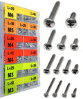 574 Pcs Metric Self Tapping Screws Assortment Kit with M3 M4 M5 M6 Round Head Phillips Drive Screws in organized case.