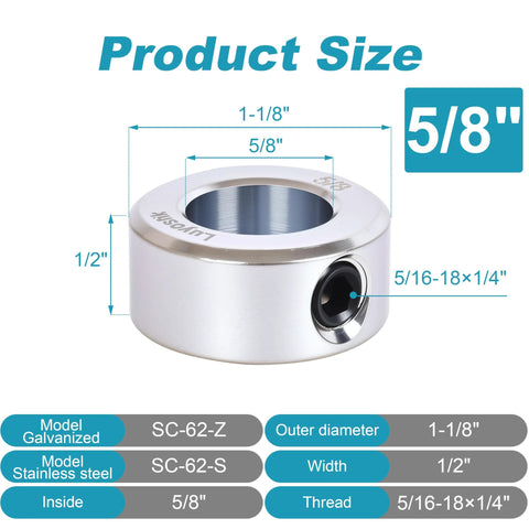 8 Pieces 5/8 Inch Bore Shaft Collars Zinc Plated Set Screw With 1-1/8 Inch Outer Diameter And 1/2 Inch Width Product Dimensions