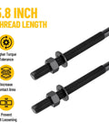 Close-up of heavy duty steel U-bolts with 5.8 inch thread length and nuts for secure mounting on truck chassis.