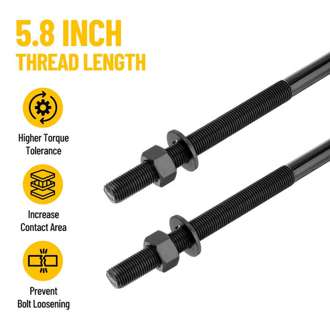 Close-up of heavy duty steel U-bolts with 5.8 inch thread length and nuts for secure mounting on truck chassis.